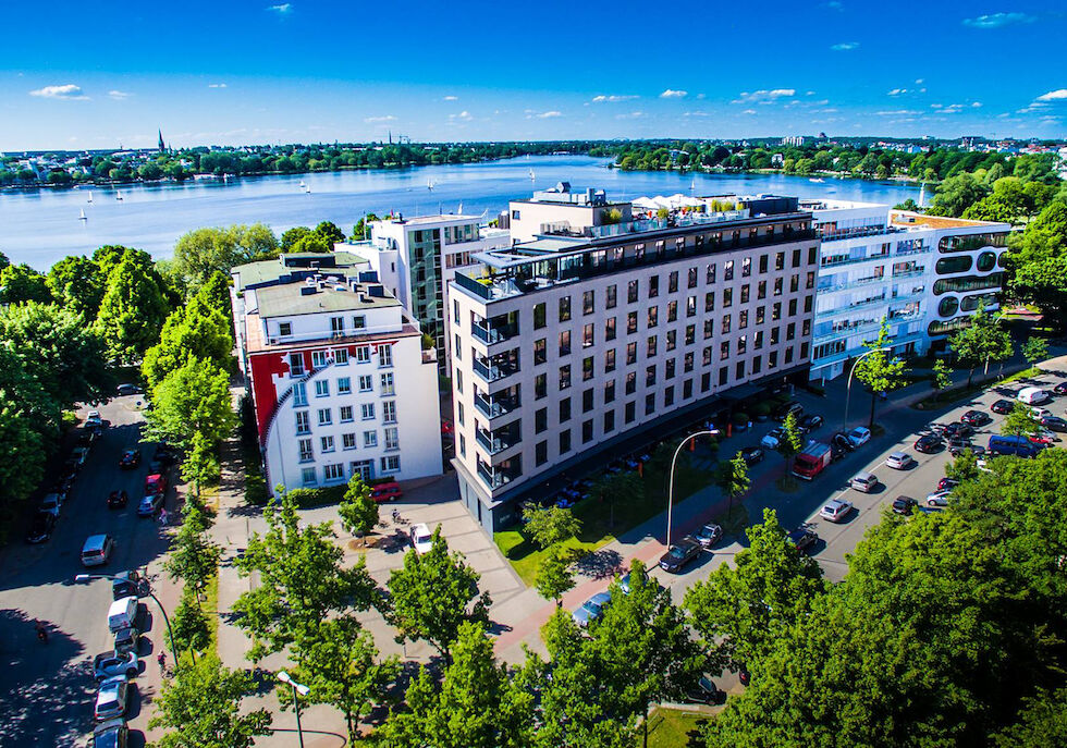Aerial view of The George Hotel with the Alster behind