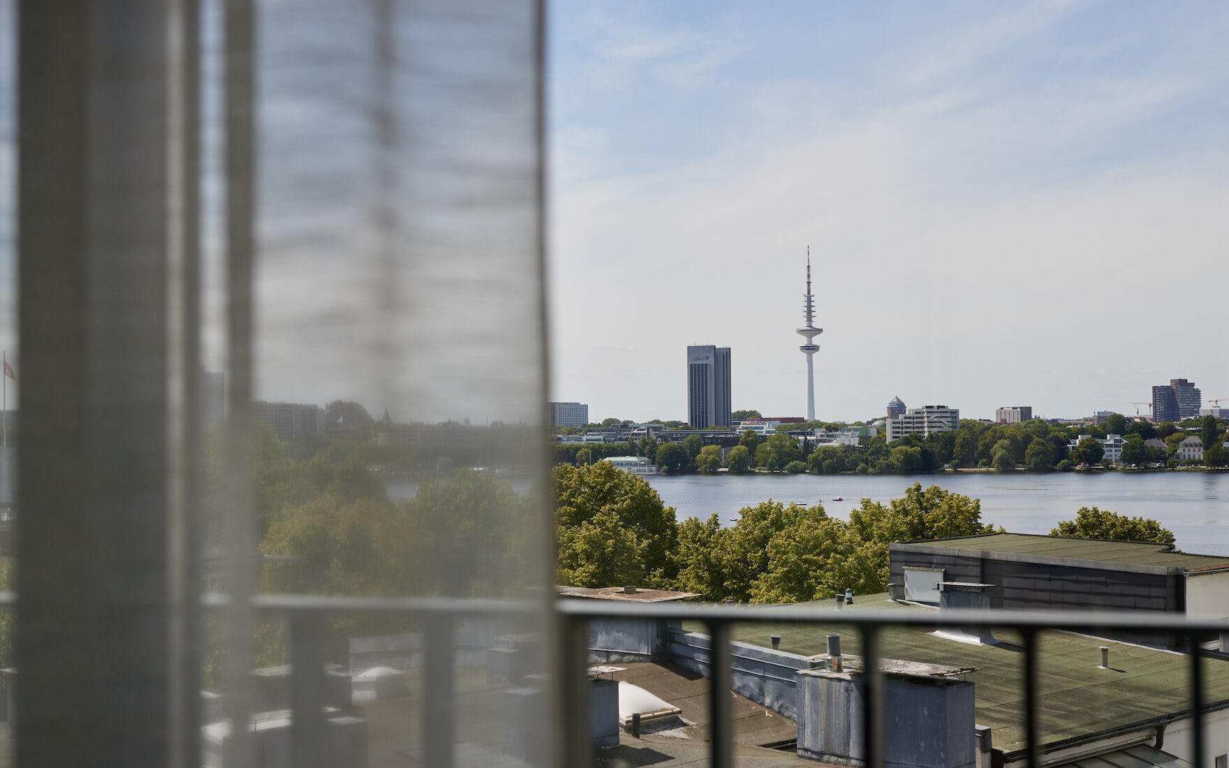 View of the Alster lake and the skyline of Hamburg