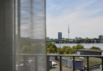 View of the Alster lake and the skyline of Hamburg