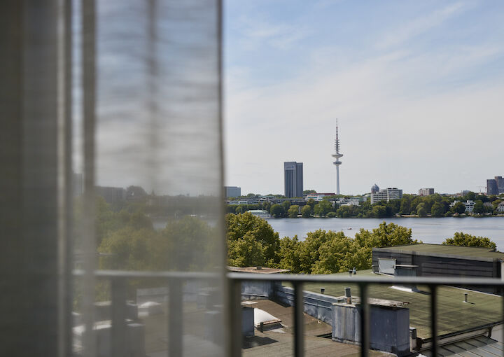 View of the Alster lake and the skyline of Hamburg