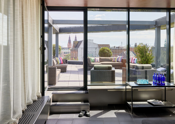 View of the sauna terrace from the relaxation area